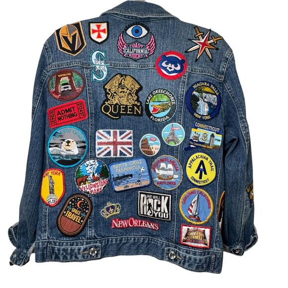 Denim Jacket Patches Route 66 Queen Band Travel USA Rock Boho Trucker Sz L - Picture 8 of 16